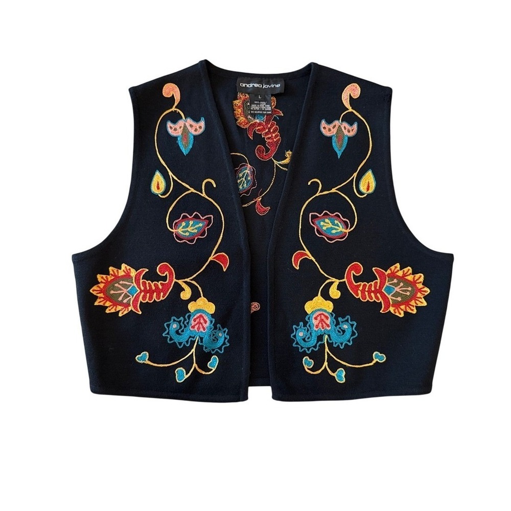 Vintage Andrea Jovine 100% Wool Embroidered Boho Vest Large 90's Floral Paisley